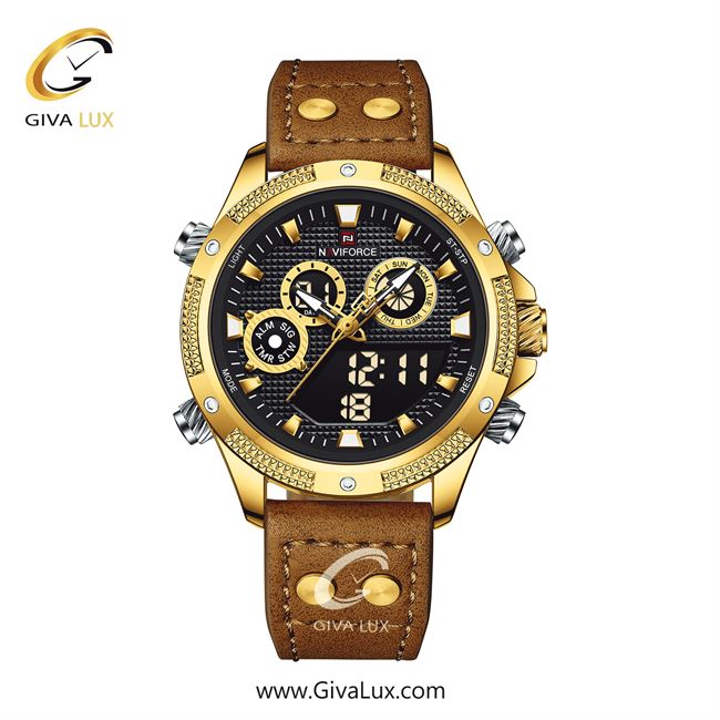 ساعت مچی اورجینال مردانه ناوی فورس|Naviforce|نوی فورس|نیوی فورس دو زمانه طلایی | قهوه ای| مشکی| کد رفرنس NF9224