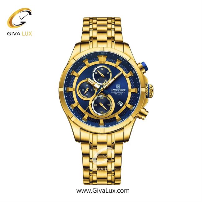 ساعت مچی اورجینال مردانه ناوی فورس|Naviforce|نوی فورس|نیوی فورس سه موتوره کرنوگراف طلایی | طلایی| طلایی-سرمه ای| کد رفرنس NF8046