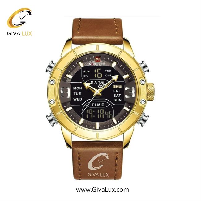ساعت مچی اورجینال مردانه ناوی فورس|Naviforce|نوی فورس|نیوی فورس دو زمانه طلایی | قهوه ای| مشکی| کد رفرنس NF9153