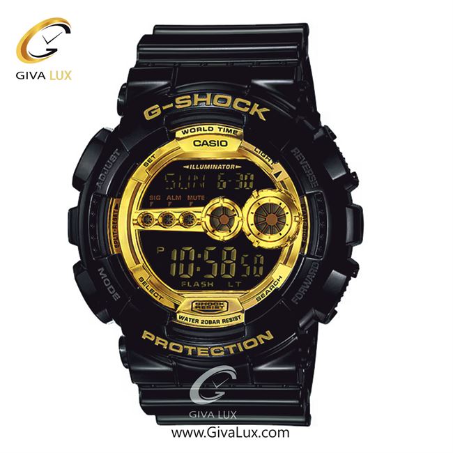 ساعت مچی اورجینال مردانه کاسیو Casio دو زمانه مشکی | مشکی| طلایی-مشکی| کد رفرنس جی شاک G-Shock GD-100GB-1D