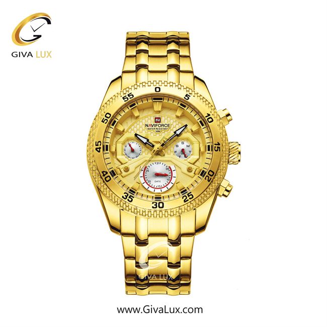 ساعت مچی اورجینال مردانه ناوی فورس|Naviforce|نوی فورس|نیوی فورس سه موتوره فول تایم طلایی | طلایی| طلایی| کد رفرنس NF9222