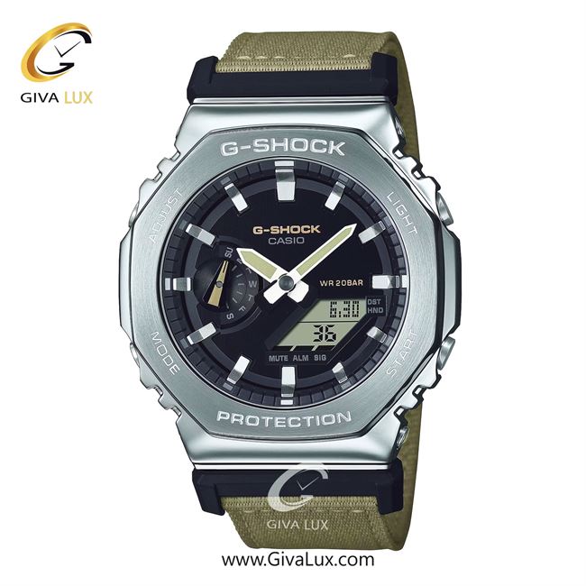 ساعت مچی اورجینال مردانه کاسیو Casio دو زمانه نقره ای | خاکی| مشکی| کد رفرنس جی شاک G-Shock GM-2100C-5ADR