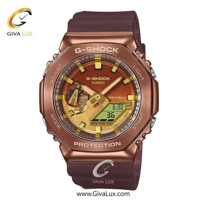 ساعت مچی اورجینال مردانه کاسیو Casio دو زمانه مسی | کالباسی| طلایی-مسی| کد رفرنس جی شاک G-Shock GM-2100CL-5ADR