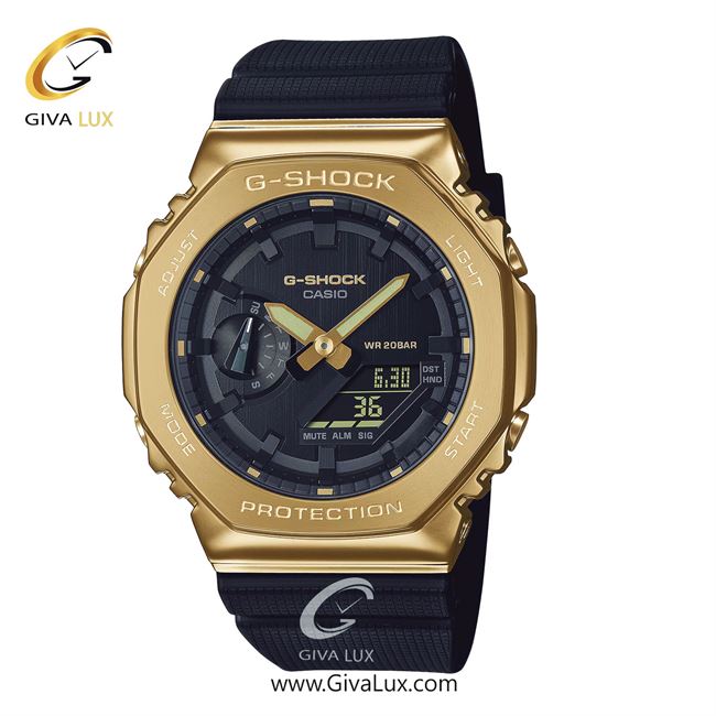 ساعت مچی اورجینال مردانه کاسیو Casio دو زمانه طلایی | مشکی| مشکی| کد رفرنس جی شاک G-Shock GM-2100G-1A9DR
