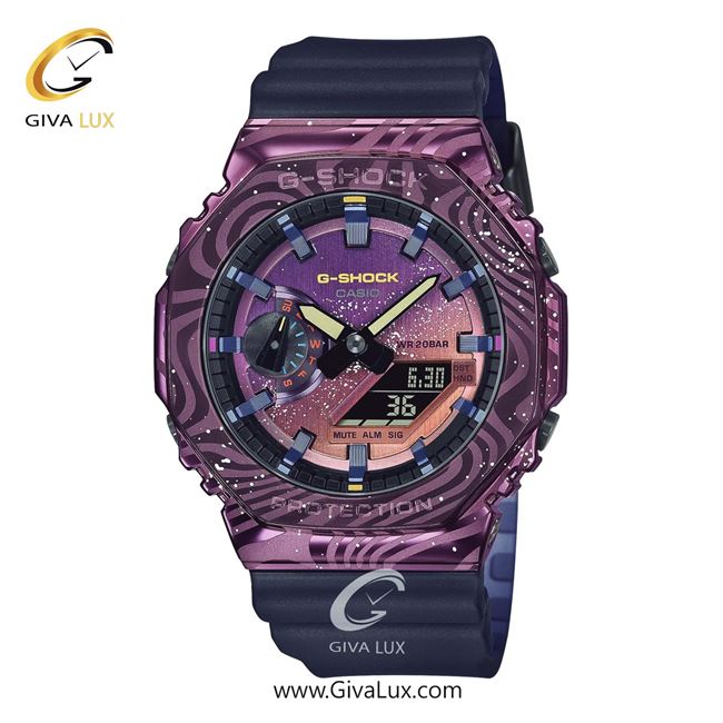 ساعت مچی اورجینال مردانه کاسیو Casio دو زمانه بنفش | سرمه ای| بنفش-رزگلد| کد رفرنس جی شاک G-Shock GM-2100MWG-1ADR