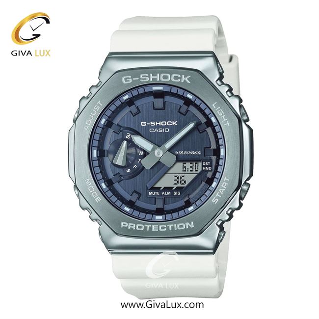 ساعت مچی اورجینال مردانه کاسیو Casio دو زمانه نقره ای | سفید| سرمه ای| کد رفرنس جی شاک G-Shock GM-2100WS-7ADR