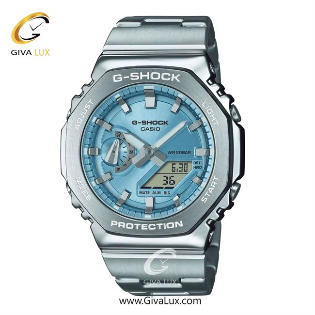 ساعت مچی اورجینال مردانه کاسیو Casio دو زمانه نقره ای | نقره ای| آبی| کد رفرنس جی شاک G-Shock GM-2110D-2ADR