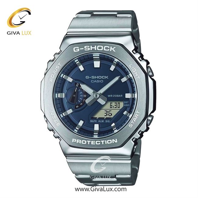 ساعت مچی اورجینال مردانه کاسیو Casio دو زمانه نقره ای | نقره ای| سرمه ای| کد رفرنس جی شاک G-Shock GM-2110D-2BDR