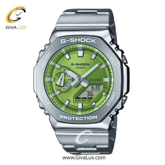 ساعت مچی اورجینال مردانه کاسیو Casio دو زمانه نقره ای | نقره ای| سبز| کد رفرنس جی شاک G-Shock GM-2110D-3ADR