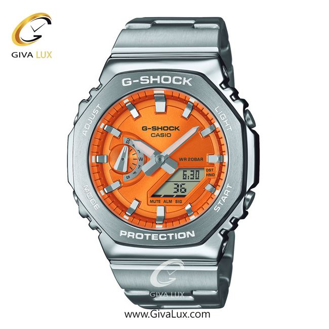 ساعت مچی اورجینال مردانه کاسیو Casio دو زمانه نقره ای | نقره ای| نارنجی| کد رفرنس جی شاک G-Shock GM-2110D-4ADR