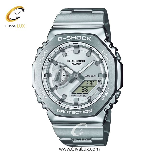 ساعت مچی اورجینال مردانه کاسیو Casio دو زمانه نقره ای | نقره ای| نقره ای| کد رفرنس جی شاک G-Shock GM-2110D-7ADR