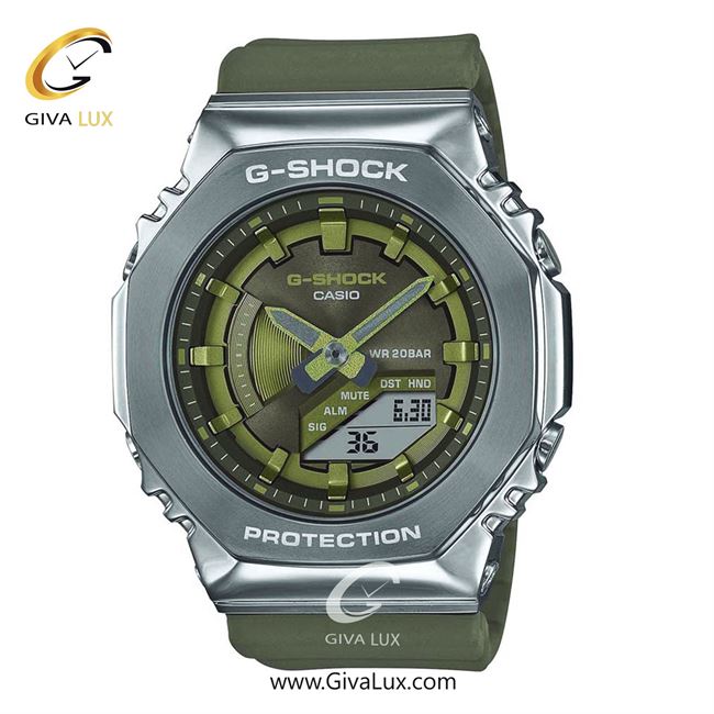 ساعت مچی اورجینال زنانه کاسیو Casio دو زمانه نقره ای | زیتونی| زیتونی| کد رفرنس جی شاک G-Shock GM-S2100-3ADR