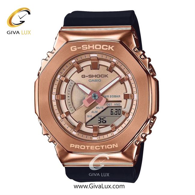 ساعت مچی اورجینال زنانه کاسیو Casio دو زمانه رزگلد | مشکی| رزگلد| کد رفرنس جی شاک G-Shock GM-S2100PG-1A4DR
