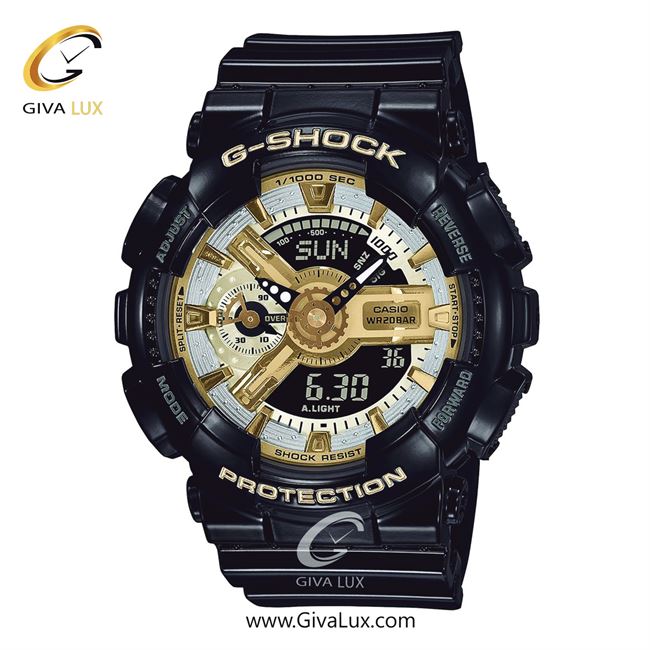 ساعت مچی اورجینال زنانه کاسیو Casio دو زمانه مشکی | مشکی| مشکی-نقره ای-طلایی| کد رفرنس جی شاک G-Shock GMA-S110GB-1ADR