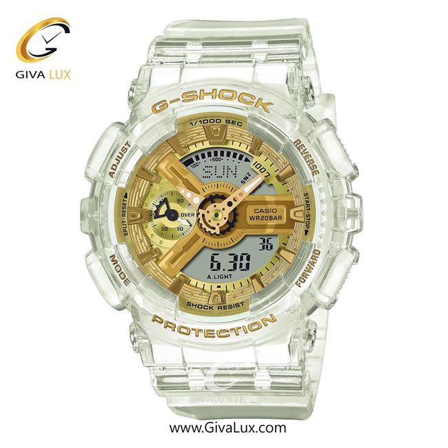 ساعت مچی اورجینال زنانه کاسیو Casio دو زمانه شفاف | شفاف| طلایی| کد رفرنس جی شاک G-Shock GMA-S110SG-7ADR