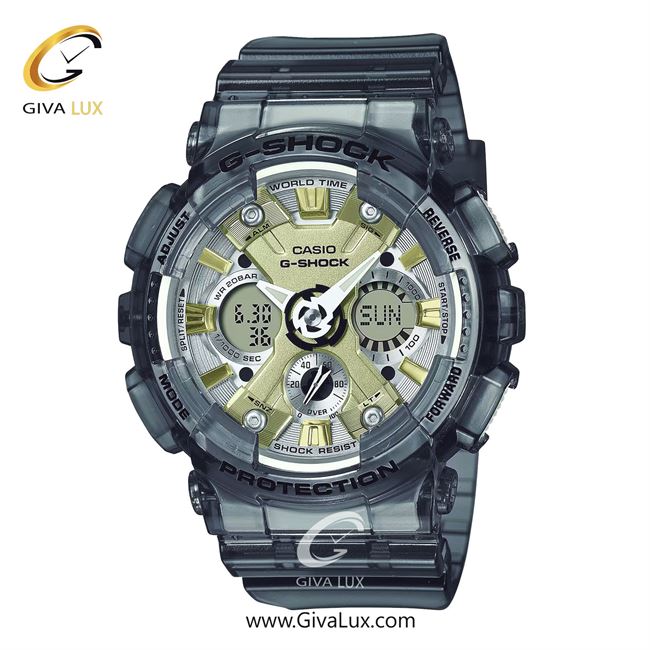 ساعت مچی اورجینال زنانه کاسیو Casio دو زمانه طوسی | طوسی| نقره ای-فسفری| کد رفرنس جی شاک G-Shock GMA-S120GS-8ADR