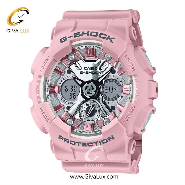 ساعت مچی اورجینال زنانه کاسیو Casio دو زمانه صورتی | صورتی| نقره ای| کد رفرنس جی شاک G-Shock GMA-S120NP-4ADR