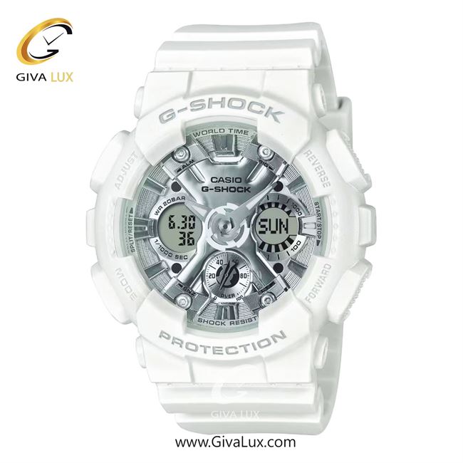 ساعت مچی اورجینال زنانه کاسیو Casio دو زمانه سفید | سفید| نقره ای| کد رفرنس جی شاک G-Shock GMA-S120VA-7ADR