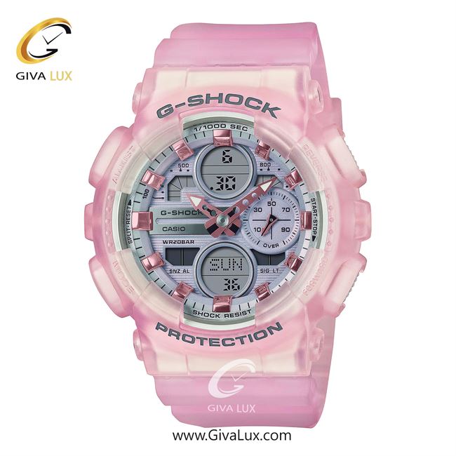 ساعت مچی اورجینال زنانه کاسیو Casio دو زمانه صورتی | صورتی| نقره ای-یاسی| کد رفرنس جی شاک G-Shock GMA-S140NP-4ADR