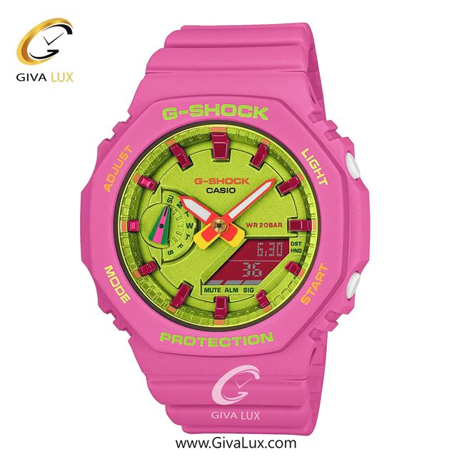 ساعت مچی اورجینال زنانه کاسیو Casio دو زمانه صورتی | صورتی| فسفری| کد رفرنس جی شاک G-Shock GMA-S2100BS-4ADR