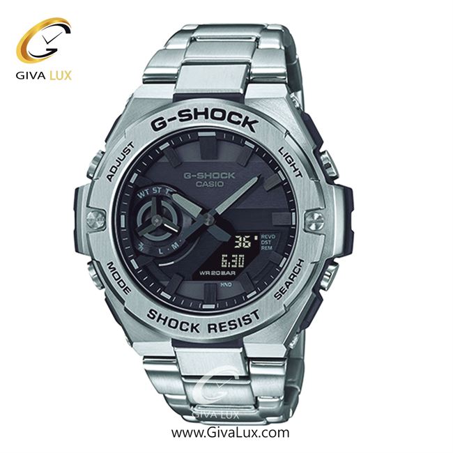 ساعت مچی اورجینال مردانه کاسیو Casio دو زمانه نقره ای | نقره ای| مشکی| کد رفرنس جی شاک G-Shock GST-B500D-1A1DR