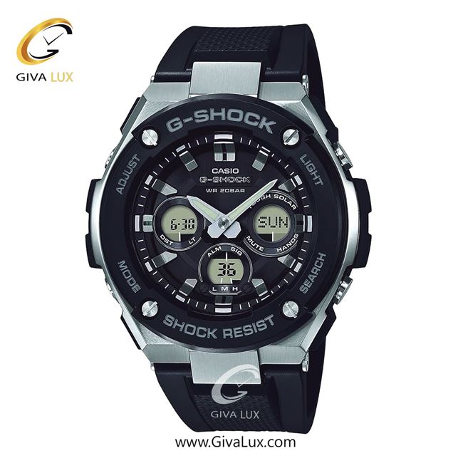 ساعت مچی اورجینال مردانه کاسیو Casio دو زمانه نقره ای-مشکی | مشکی| مشکی| کد رفرنس جی شاک G-Shock GST-S300-1ADR