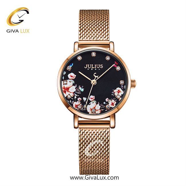 ساعت مچی اورجینال زنانه جولیوس رزگلد | رزگلد| گلدار/طرحدار-مشکی| کد رفرنس JA-1164LG