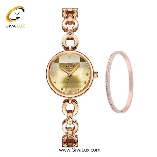 ست ساعت مچی اورجینال و دستبند زنانه جولیوس رزگلد | رزگلد| خاکی| کد رفرنس JA-1171A