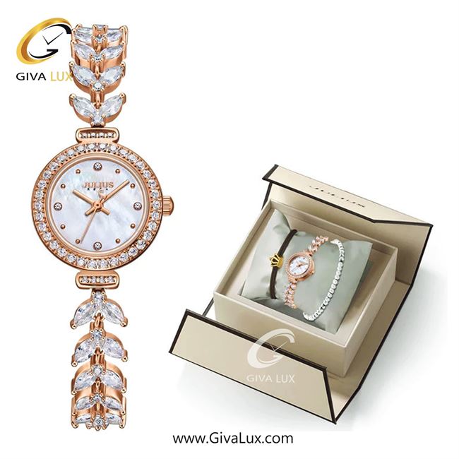 پک هدیه ساعت و دستبند اورجینال زنانه جولیوس رزگلد | رزگلد| نقره ای| کد رفرنس JA-1435B