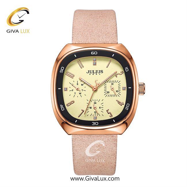 ساعت مچی اورجینال زنانه جولیوس سه موتوره فول تایم رزگلد | صورتی| کرم| کد رفرنس JA-1443A