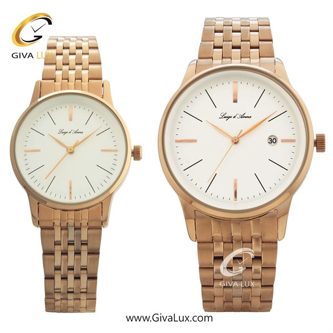 ساعت مچی اورجینال ست LdA | لوئیجی د آنا | Luigi d'Ana رزگلد | رزگلد| سفید صدفی| کد رفرنس مردانه: 2335، زنانه: 2336