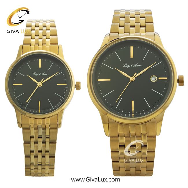 ساعت مچی اورجینال ست LdA | لوئیجی د آنا | Luigi d'Ana طلایی | طلایی| مشکی| کد رفرنس مردانه: 2335، زنانه: 2336