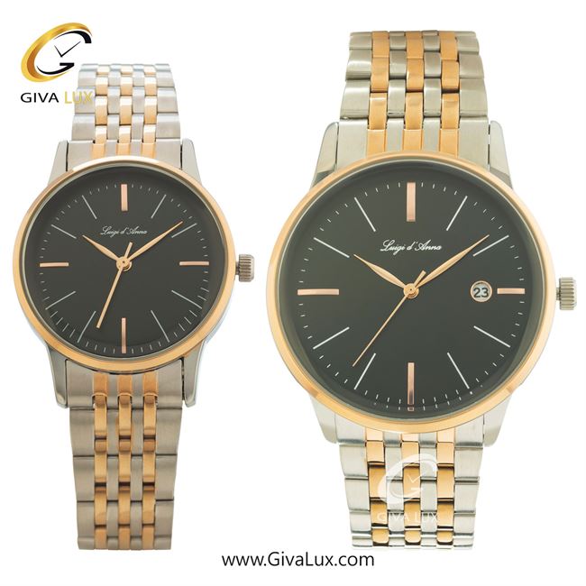 ساعت مچی اورجینال ست LdA | لوئیجی د آنا | Luigi d'Ana رزگلد-نقره ای | رزگلد-نقره ای| مشکی| کد رفرنس مردانه: 2335، زنانه: 2336