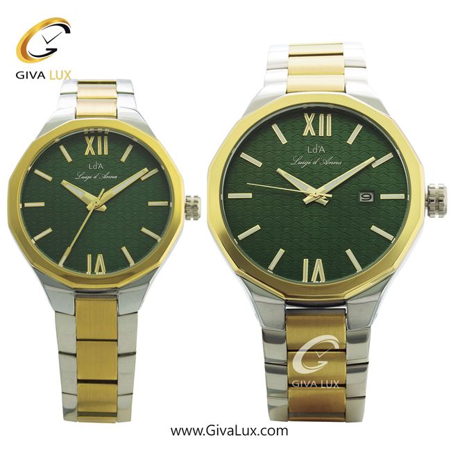 ساعت مچی اورجینال ست LdA | لوئیجی د آنا | Luigi d'Ana نقره ای-طلایی | نقره ای-طلایی| سبز یشمی تیره| کد رفرنس مردانه: 2375، زنانه: 2376