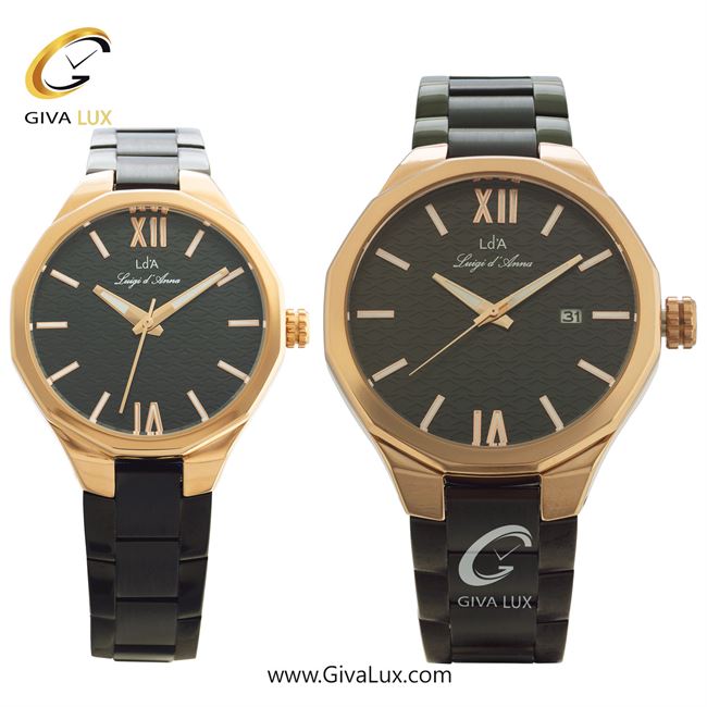 ساعت مچی اورجینال ست LdA | لوئیجی د آنا | Luigi d'Ana رزگلد | مشکی| مشکی| کد رفرنس مردانه: 2375، زنانه: 2376