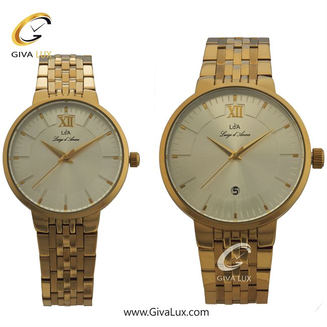 ساعت مچی اورجینال ست LdA | لوئیجی د آنا | Luigi d'Ana طلایی | طلایی| سفید صدفی| کد رفرنس مردانه: 2404، زنانه: 2405