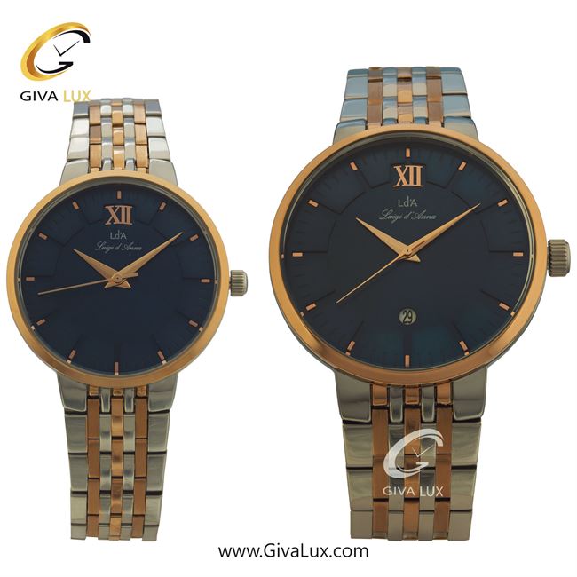 ساعت مچی اورجینال ست LdA | لوئیجی د آنا | Luigi d'Ana رزگلد-نقره ای | رزگلد-نقره ای| سرمه ای| کد رفرنس مردانه: 2404، زنانه: 2405