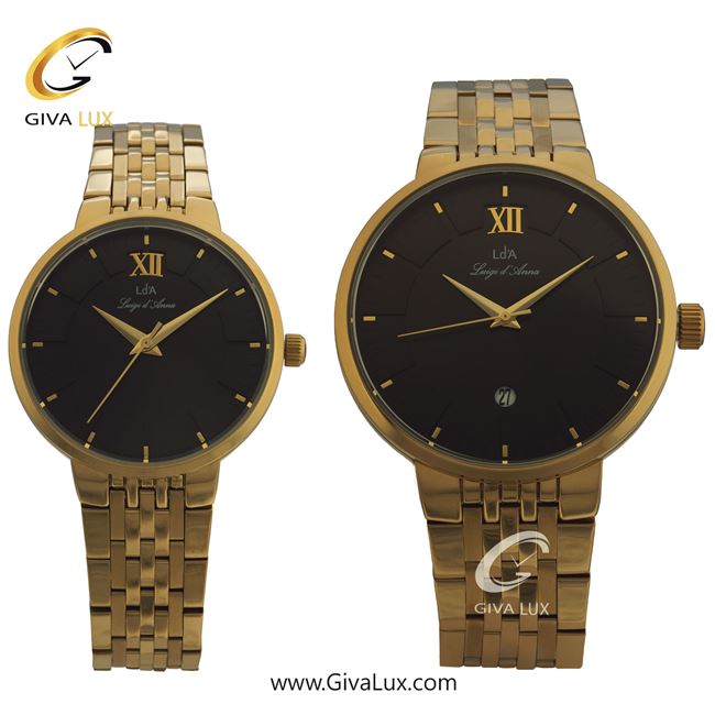 ساعت مچی اورجینال ست LdA | لوئیجی د آنا | Luigi d'Ana طلایی | طلایی| مشکی| کد رفرنس مردانه: 2404، زنانه: 2405