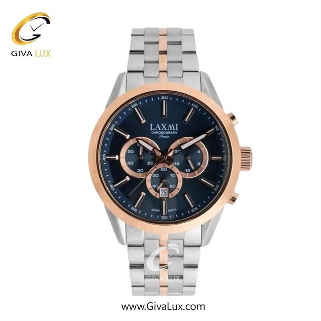 ساعت مچی اورجینال زنانه لاکسمی سه موتوره کرنوگراف رزگلد | نقره ای-رزگلد| سرمه ای| کد رفرنس 8543-18L