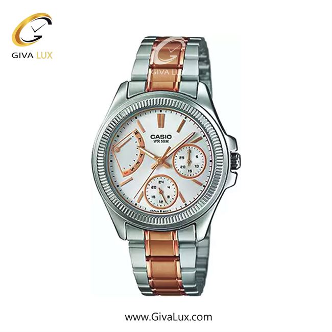 ساعت مچی اورجینال زنانه کاسیو Casio سه موتوره کرنوگراف نقره ای | نقره ای-رزگلد| سفید-رزگلد| کد رفرنس LTP-2089RG-7A