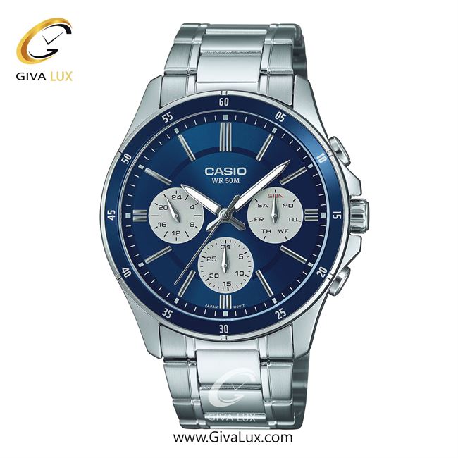 ساعت مچی اورجینال مردانه کاسیو Casio سه موتوره فول تایم نقره ای | نقره ای| سرمه ای| کد رفرنس MTP-1374D-2A3VDF