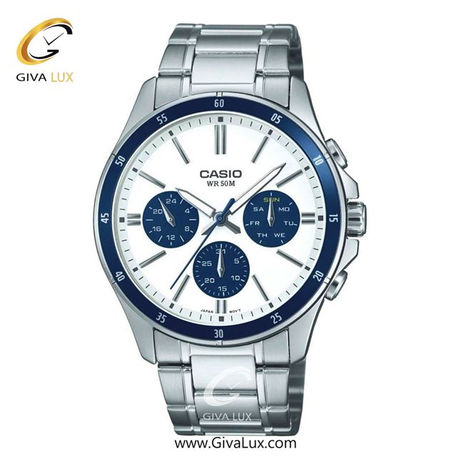 ساعت مچی اورجینال مردانه کاسیو Casio سه موتوره فول تایم نقره ای-سرمه ای | نقره ای| سفید| کد رفرنس MTP-1374D-7A2VDF