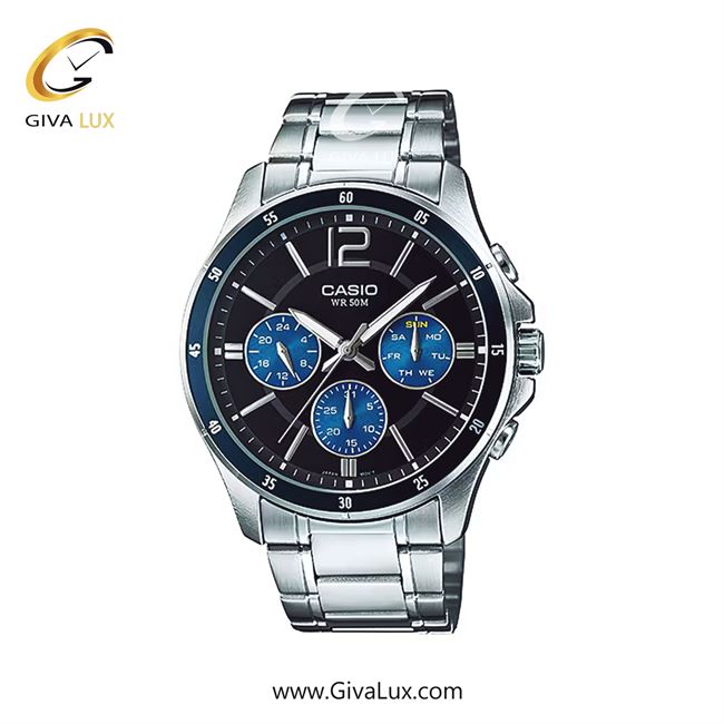 ساعت مچی اورجینال مردانه کاسیو Casio سه موتوره فول تایم سرمه ای | نقره ای| مشکی| کد رفرنس MTP-1374HD-2AV 