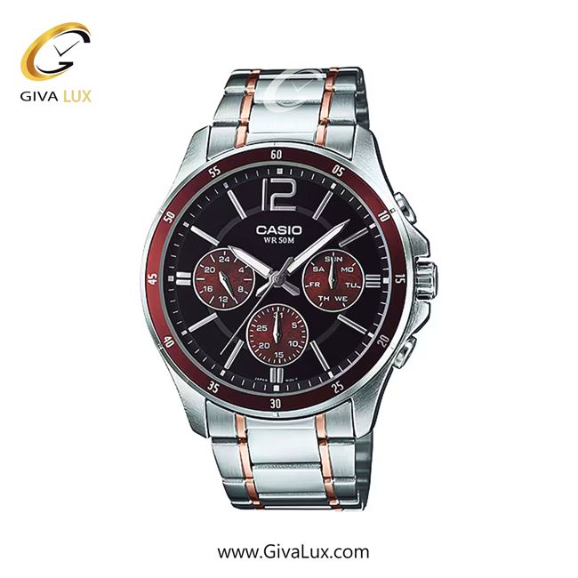 ساعت مچی اورجینال مردانه کاسیو Casio سه موتوره فول تایم زرشکی | نقره ای| مشکی| کد رفرنس MTP-1374D-5AVDF