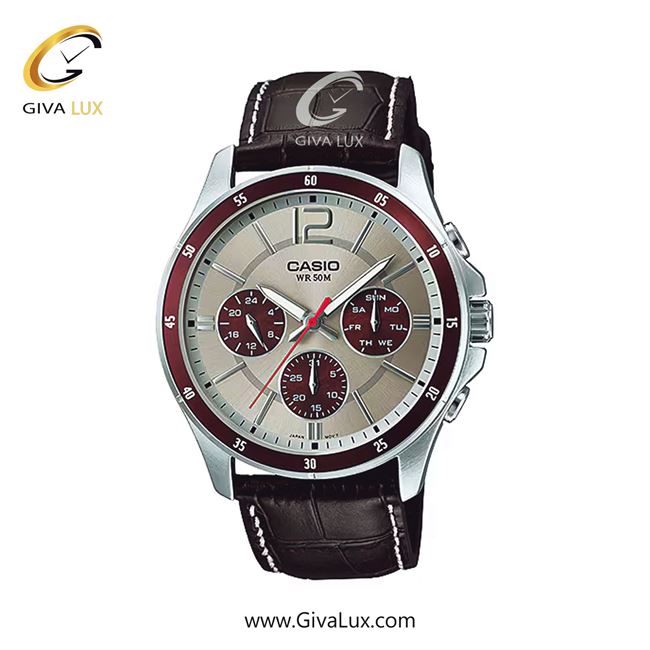 ساعت مچی اورجینال مردانه کاسیو Casio سه موتوره کرنوگراف زرشکی-نقره ای | قهوه ای| زرشکی-خاکی| کد رفرنس MTP-1374L-7A1VDF