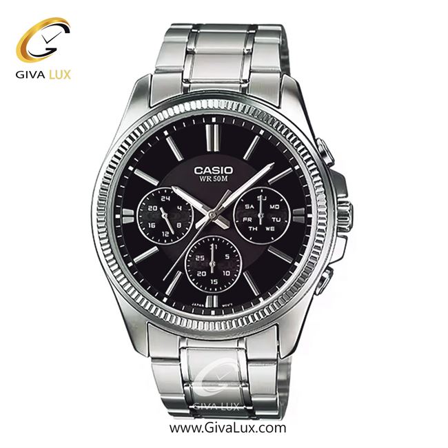 ساعت مچی اورجینال مردانه کاسیو Casio سه موتوره فول تایم نقره ای | نقره ای| مشکی| کد رفرنس MTP-1375D-1A