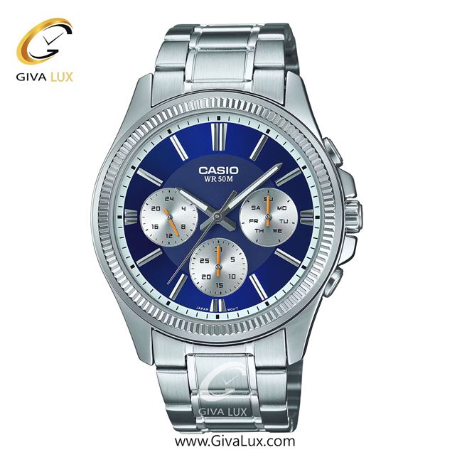 ساعت مچی اورجینال مردانه کاسیو Casio سه موتوره فول تایم نقره ای | نقره ای| سرمه ای| کد رفرنس MTP-1375D-2A1VDF