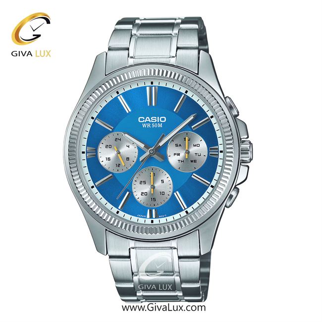 ساعت مچی اورجینال مردانه کاسیو Casio سه موتوره فول تایم نقره ای | نقره ای| آبی| کد رفرنس MTP-1375D-2A2VDF