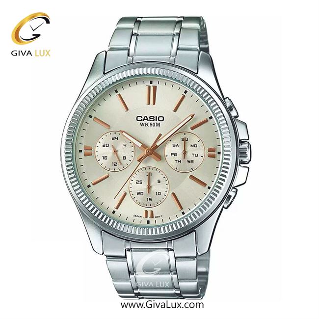 ساعت مچی اورجینال مردانه کاسیو Casio سه موتوره فول تایم نقره ای | نقره ای| کرم| کد رفرنس MTP-1375D-7A2VDF