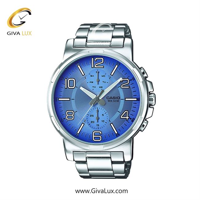 ساعت مچی اورجینال مردانه کاسیو Casio سه موتوره کرنوگراف نقره ای | نقره ای| آبی| کد رفرنس MTP-E313D-2B2VDF 